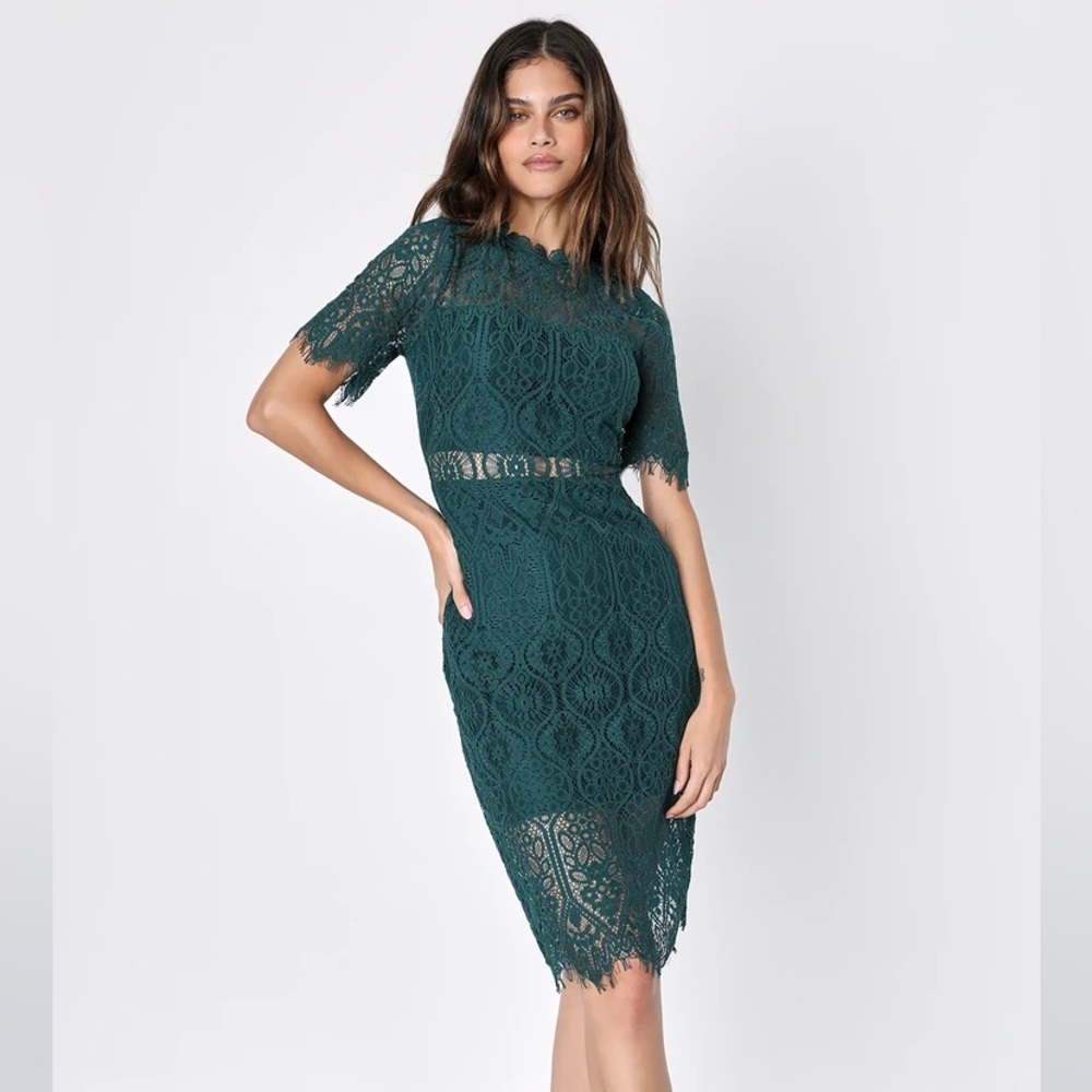 Remarkable Forest Green Sheer Lace Short Sleeve Mini Dress
